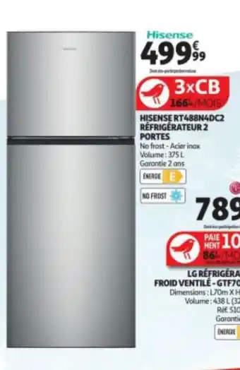Auchan HISENSE RT488N4DC2 RÉFRIGERATEUR 2 PORTES offre