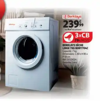 Auchan BERKLAYS SÈCHE LINGE 7KG BDRY704C Capacité:7 kg offre