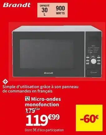 Conforama Brandt micro-ondes monofonction se3000 offre
