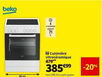 Conforama Beko cuisinière vitrocéramique fse67100gws offre