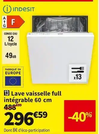 Conforama Indesit lave vaisselle full intégrable 60 cm die2b19 offre