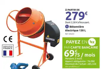Mr Bricolage Bétonnière électrique compacte à châssis monobloc offre
