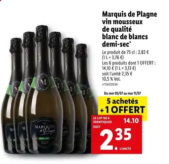 Lidl Marquis de Plagne vin mousseux de qualité blanc de blancs demi-sec* offre