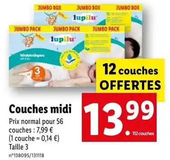 Lidl Couches midi Prix normal pour 56 couches : 7,99 € (1 couche = 0,14 €) Taille 3 n°138095/131118 offre