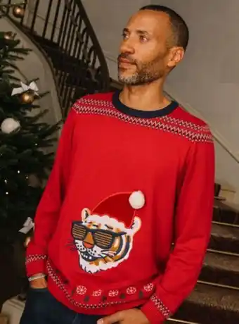 Pull de noël rouge en tricot à motif tigre