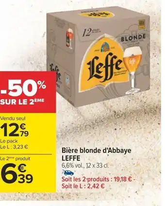 Carrefour Bière blonde d'Abbaye LEFFE 6,6% vol., 12 x 33 cl. offre