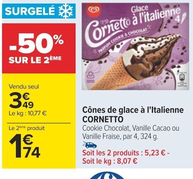 Promo Cônes de glace à l'Italienne Cookie Chocolat, Vanille Cacao ou Vanille Fraise