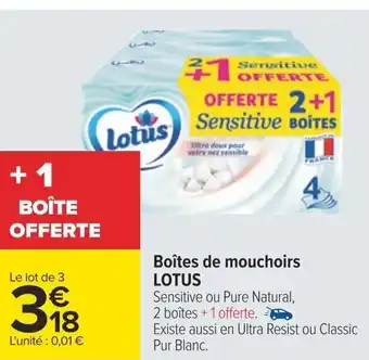 Carrefour Boîtes de mouchoirs LOTUS Sensitive ou Pure Natural, 2 boîtes + 1 offerte. offre