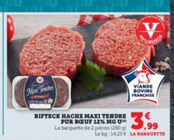 Super U BIFTECK HACHE MAXI TENDRE PUR BOEUF 12% MG U La barquette de 2 pièces (280 g) offre