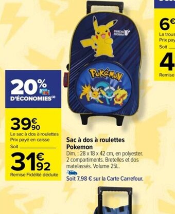 Carrefour Sac à dos à roulettes Pokemon offre