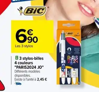 Carrefour 3 stylos-billes 4 couleurs "PARIS2024 JO" Différents modèles disponibles. offre