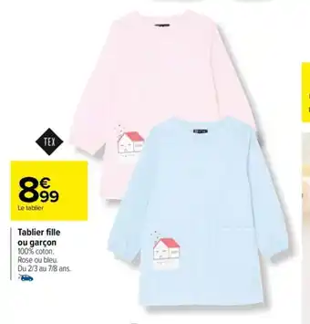 Carrefour Tablier fille ou garçon 100% coton. Rose ou bleu. Du 2/3 au 7/8 ans. offre