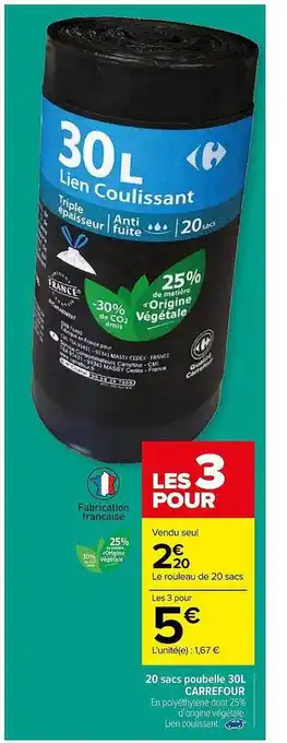 Carrefour Carrefour 20 sacs poubelle 30L offre