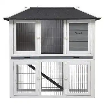 E.Leclerc Clapier cage à lapin 2 étages 4 portes verrouillables plateau coulissant rampe - dim. 117l x 62,5l x 115h cm - bois de sapin offre