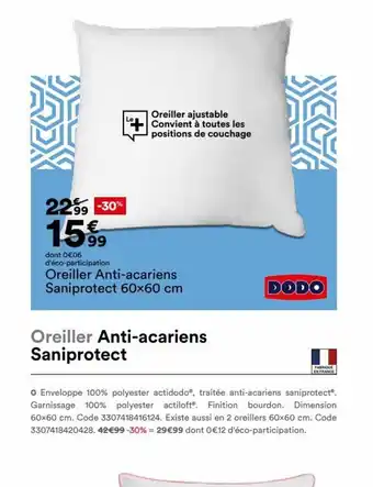 Oreiller Anti-acariens Saniprotect 60x60 cm