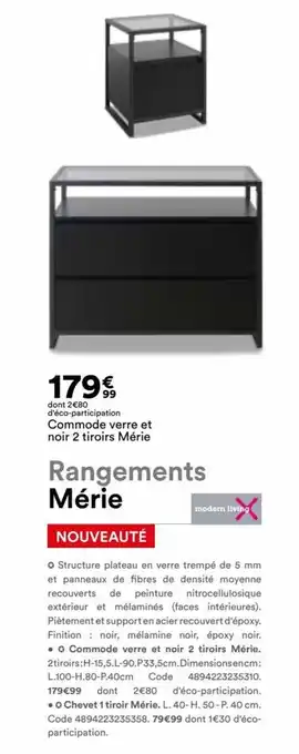 ⹠Commode verre et noir 2 tiroirs Mérie