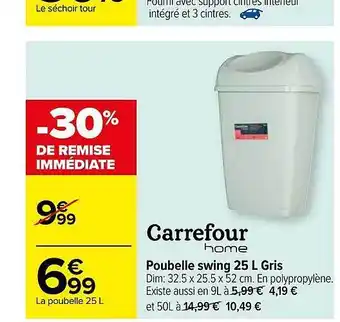 Carrefour Poubelle swing 25L gris offre