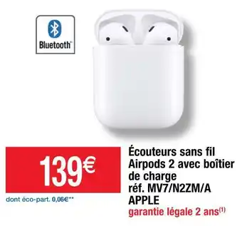 Apple écouteurs sans fil airpods 2 avec boîtier de charge