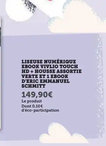 Liseuse numérique  ebook vivlio touch  hd + housse assortie  verte et 1 ebook  d'eric emmanuel  schmitt