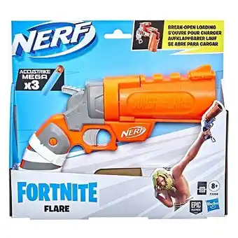 E.Leclerc Nerf fortnite, blaster à fléchette flare, s'ouvre pour charger, 3 fléchettes nerf mega accustrike, poignée d'amorçage offre