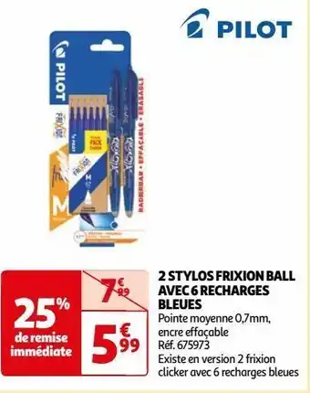 Auchan 2 stylos frixion ball avec 6 recharges bleues offre