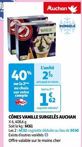 Auchan Cônes vanille surgelés auchan offre