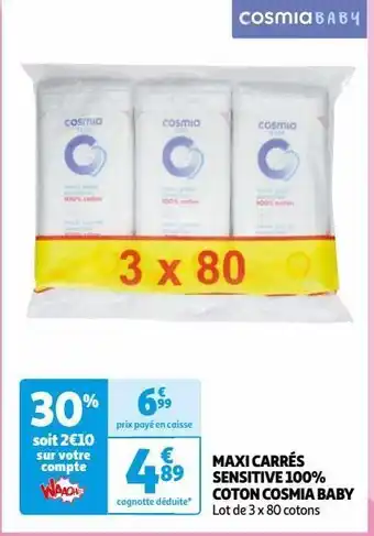 Auchan Maxi carrés sensitive 100% coton cosmia baby offre