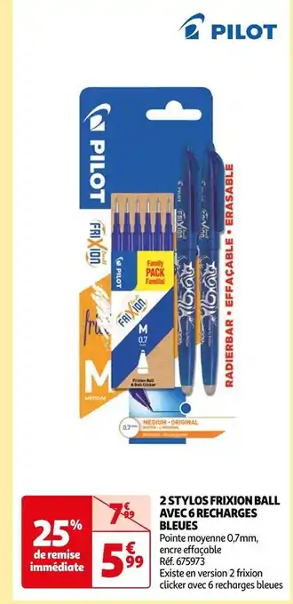 Auchan Pilot 2 stylos frixion ball avec 6 recharges bleues offre