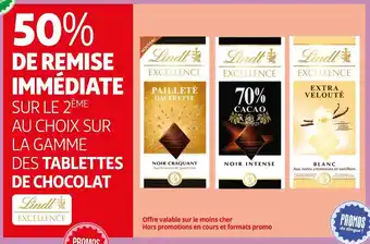 Auchan Supermarché Lindt 50% de remise immédiate sur le 2ème au choix sur la gamme des tablettes de chocolat offre