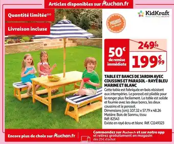 Auchan Kidkraft table et bancs de jardin avec coussins et parasol - rayé bleu marine et blanc offre