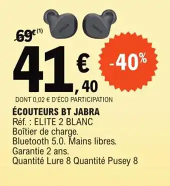 E.Leclerc ÉCOUTEURS BT JABRA Réf.: ELITE 2 BLANC Boîtier de charge. offre