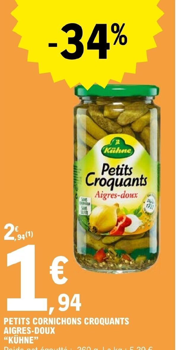Promo PETITS CORNICHONS CROQUANTS AIGRESDOUX "KÜHNE" chez E.Leclerc