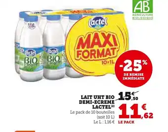 Super U LACTEL(2) LAIT UHT BIO DEMI-ECREME offre