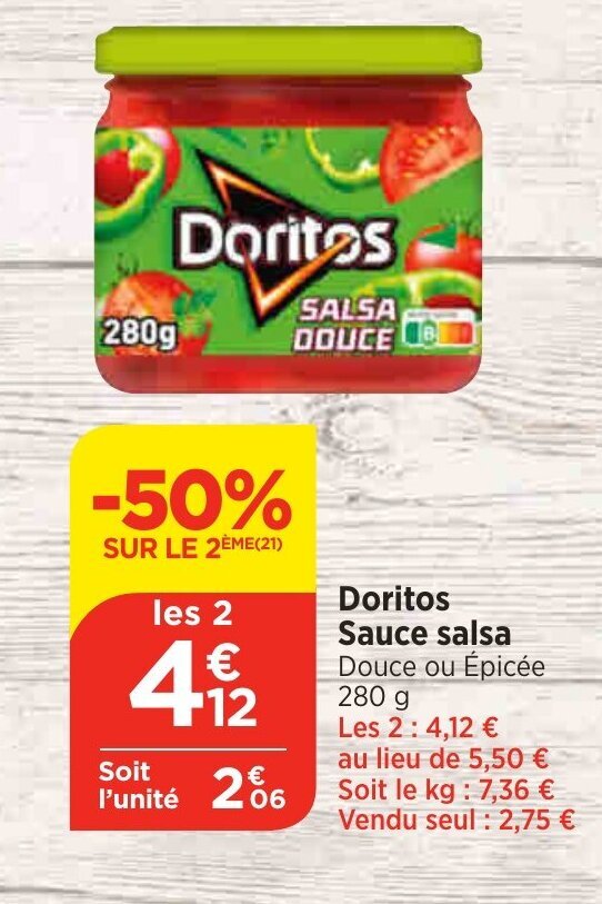 Promo Doritos Sauce salsa Douce ou Épicée 280 g Les 2 4,12 € chez Bi1