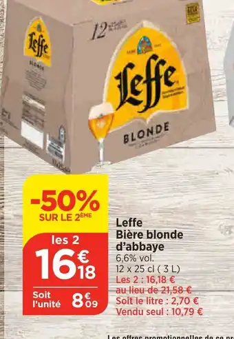 Leffe Bière blonde d'abbaye 6,6% vol. 12 x 25 cl (3 L) Les 2:16,18 €