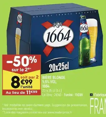 Leader Price Bière blonde 5.5% vol. 1664 offre