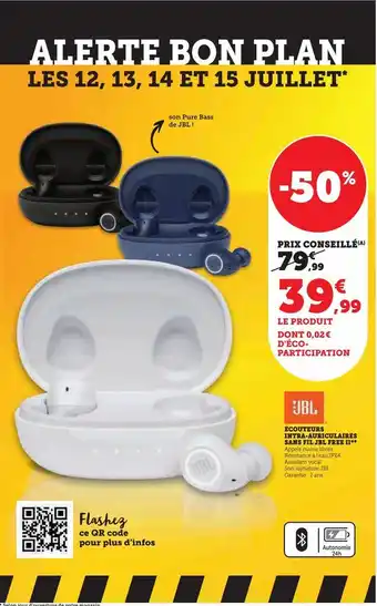 Hyper U Ecouteurs infra-auriculaires sans fil jbl free ii offre