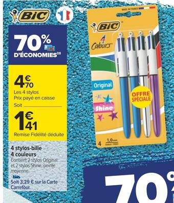 Carrefour Bic 4 stylos-bille 4 couleurs offre