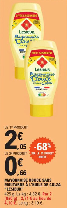 E.Leclerc MAYONNAISE DOUCE SANS MOUTARDE À L'HUILE DE COLZA "LESIEUR" offre