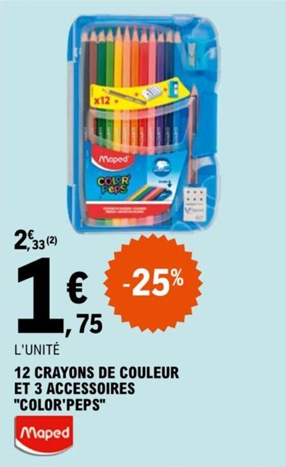 Promo 12 CRAYONS DE COULEUR ET 3 ACCESSOIRES "COLOR'PEPS" chez E.Leclerc