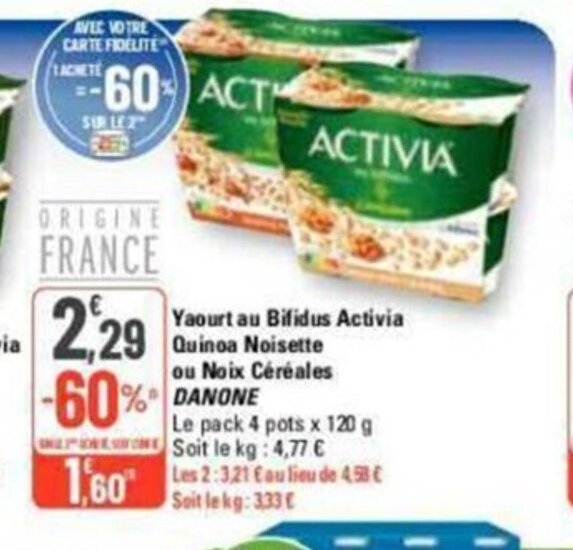 Promo Yaourt au Bifidus Activia Quinoa Noisette ou Noix Céréales chez G20