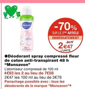 Monsavon déodorant spray compressé fleur de coton anti-transpirant 48 h