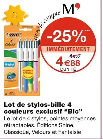 Monoprix Bic lot de stylos-bille 4 couleurs exclusif offre