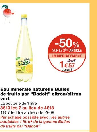 Monoprix Badoit eau minérale naturelle bulles de fruits par citron/citron vert offre