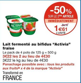 Monoprix Activia lait fermenté au bifidus fraise offre