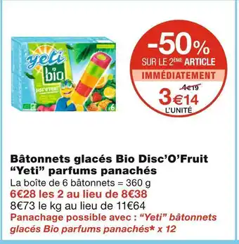Monoprix Yeti bâtonnets glacés bio disc’o’fruit parfums panachés offre