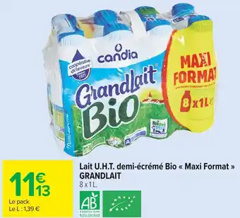 Carrefour Market Grandlait lait u.h.t. demi-écrémé bio maxi format offre