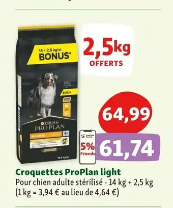 Maxi Zoo Croquettes ProPlan light Pour chien adulte stérilisé - 14 kg + 2,5 kg (1 kg = 3,94 € au lieu de 4,64 €) offre