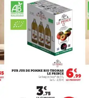 Super U PUR JUS DE POMME BIO THOMAS LE PRINCE Le bag in box de 3 L offre