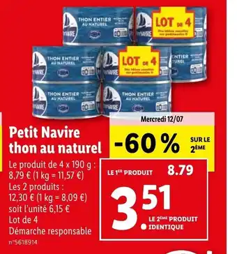 Lidl Petit Navire thon au naturel -60% offre